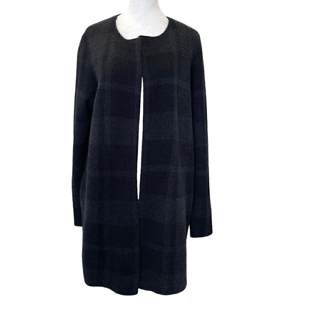 Eileen Fisher 100% Merino Wool Felted Buffalo Plaid Coat Black Grey size Small